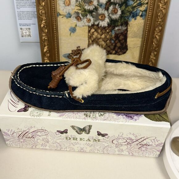Sperry 8 Paige Navy Ivory Shearing Genuine Suede Leather Moccasin Slippers - Picture 3 of 9